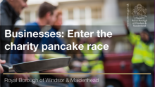 This image shows someone doing a pancake race. Businesses: Enter the charity pancake race 