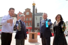 With their reusable water bottles at the Windsor Platinum Jubilee fountain, left to right, Royal Borough of Windsor & Maidenhead project manager Mark Pattison, Graham Barker DL, chairman of the Windsor Platinum Jubilee Committee, the mayor, Councillor Neil Knowles and Councillor Amy Tisi, Cabinet member for Windsor.