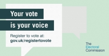 This images says "Your vote is your voice. Register online."