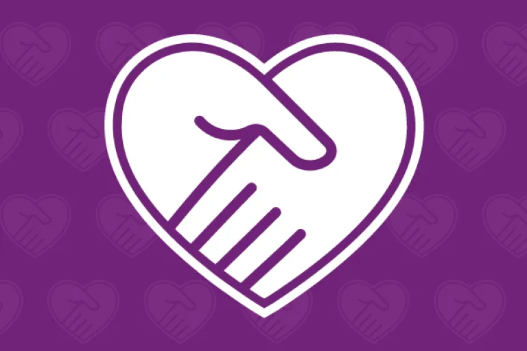 Purple graphic with white graphic of two joined hands shaped into a heart