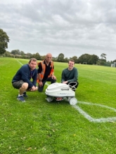Pictured at Clewer Memorial Recreation Ground with the robot line marker are (L-R) Robert Noble, the council’s parks and open spaces officer, Darren Austin, from grounds maintenance contractor Tivoli, and Councillor Joshua Reynolds, Cabinet member for communities and leisure.