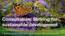 This image shows a butterfly on a flower. Consultation: Striving for sustainable development.