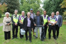 In Kidwells Park, left to right, the council’s Community Safety Projects Officer Deb Beasley, Community Wardens Peter Murkin and Clive Dent, Councillor Simon Werner, Councillor Jack Douglas, Councillor Gurch Singh, Community Wardens Abid Khan and Carlos Dissegna and Community Safety Manager Andy Aldridge