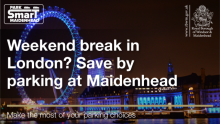 This image shows the London Eye. Weekend break in London? Save by parking at Maidenhead.